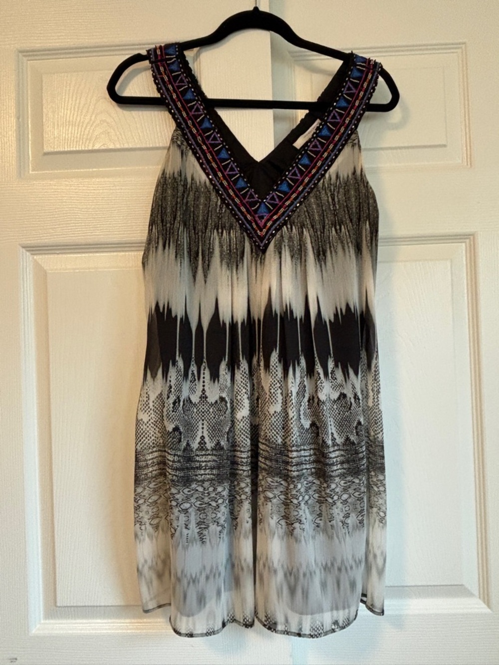 Lavender Brown Black and White Beaded V-Neck Mini Dress